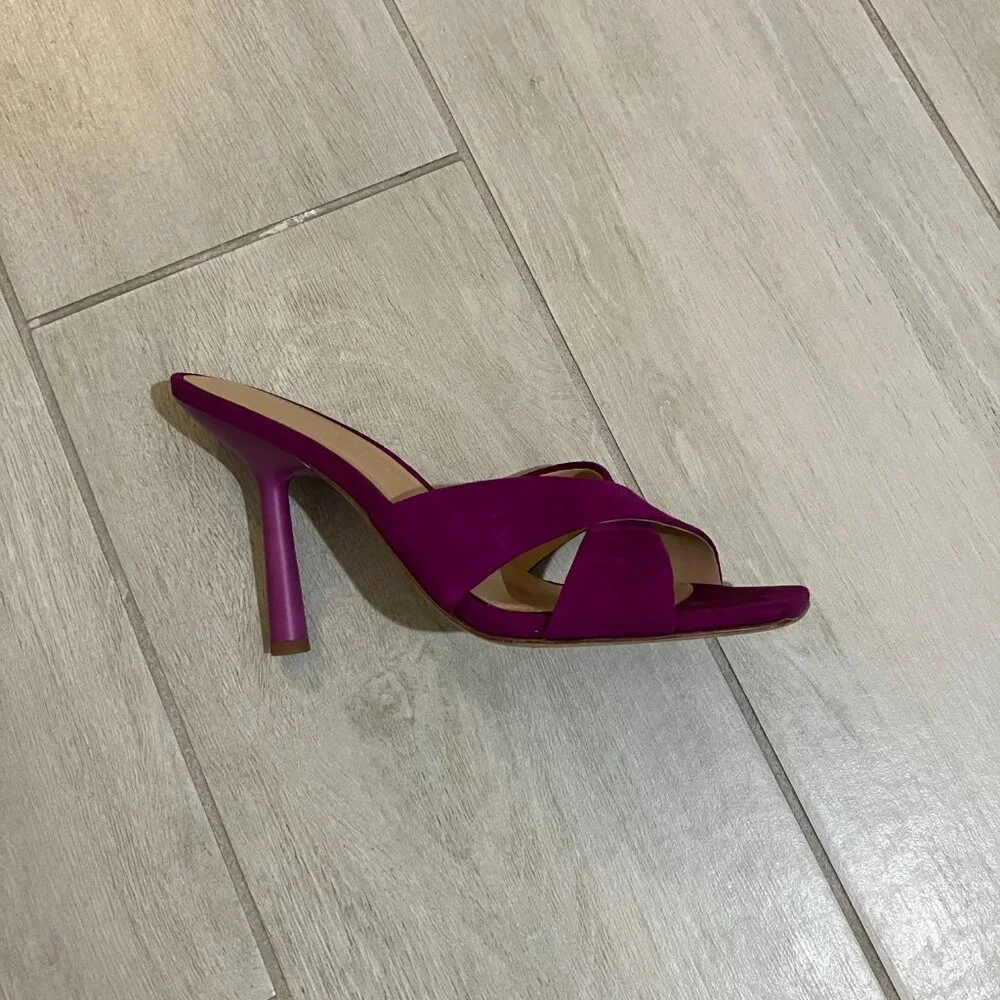 Veronica Beard Alsea Raspberry Pink Suede Mule Heels Square Toe Sandals Sz 8.5
